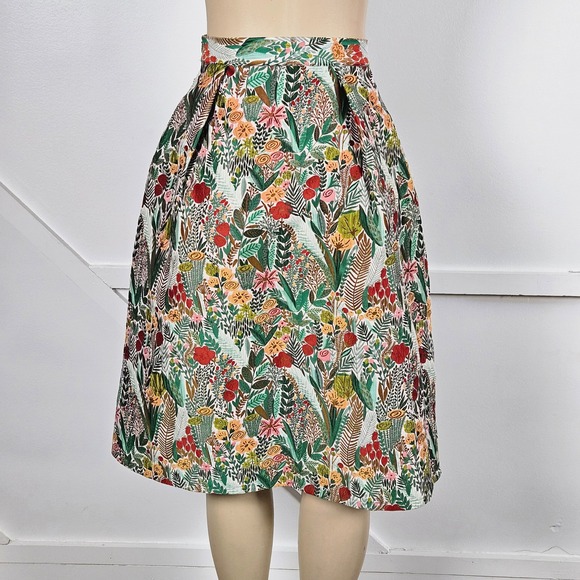 Eva Franco by Anthro Botanical Tapestry Pleated Midi Skirt Green Floral Size 0P - Picture 3 of 11